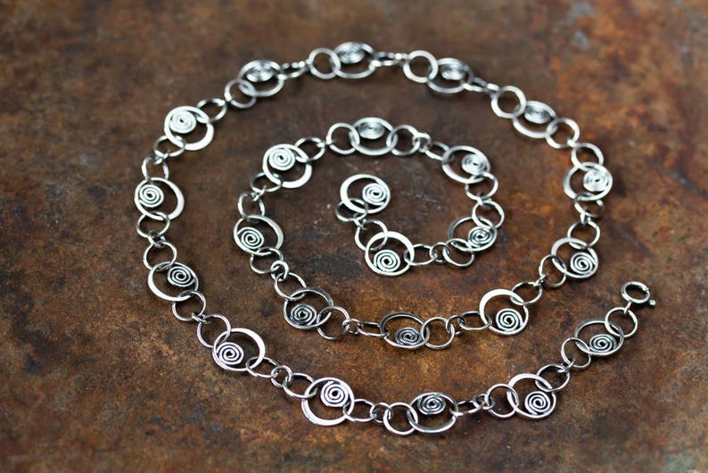 Unique Silver Links Chain Necklace, solid sterling silver necklace chain, Hammered spirals in circles, Artisan metalsmith jewelry, Statement image 5