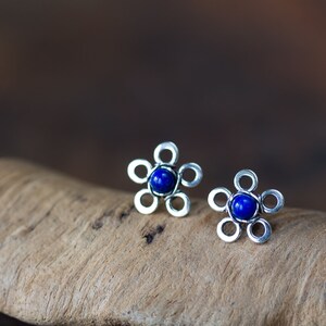 Natural Lapis Lazuli Stud Earrings, small silver flower earrings, tiny deep blue studs, mini stud earrings, artisan handcrafted jewelry image 4