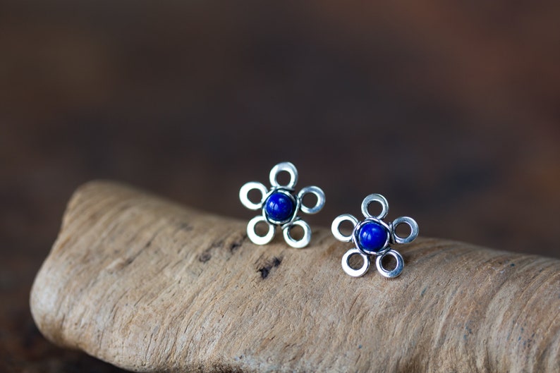 Natural Lapis Lazuli Stud Earrings, small silver flower earrings, tiny deep blue studs, mini stud earrings, artisan handcrafted jewelry image 4