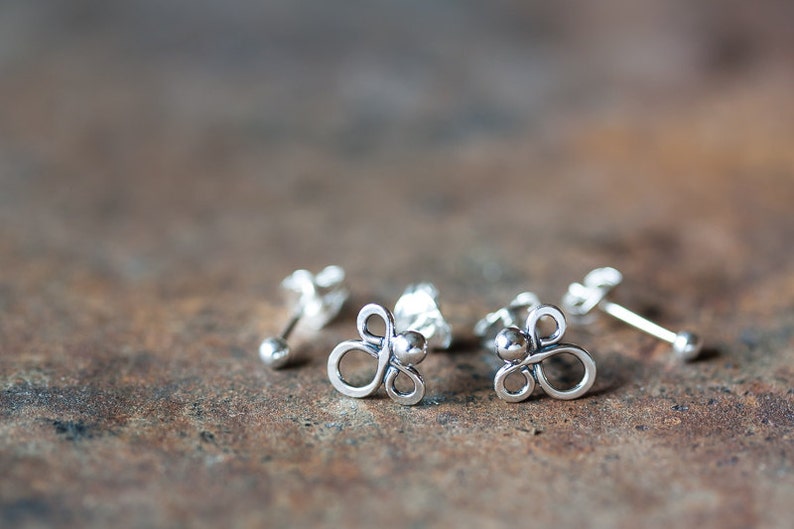 Double piercing earring set, Abstract sterling silver earrings, Tiny silver studs, Simple everyday earrings, Two pairs image 5