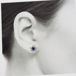 Natural Lapis Lazuli Stud Earrings, small silver flower earrings, tiny deep blue studs, mini stud earrings, artisan handcrafted jewelry image 3