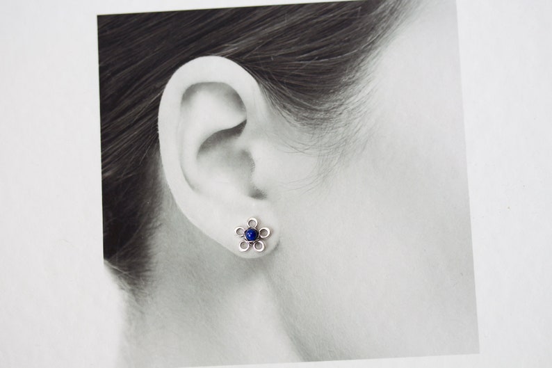 Natural Lapis Lazuli Stud Earrings, small silver flower earrings, tiny deep blue studs, mini stud earrings, artisan handcrafted jewelry image 3