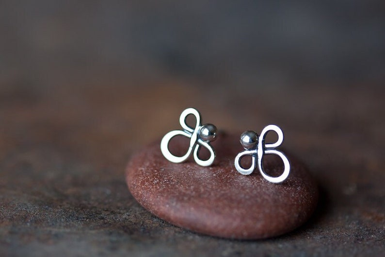 Small handmade sterling silver stud earrings, Little silver angel earrings, Tiny clover silver wire knot earrings , oxidized metal studs image 1
