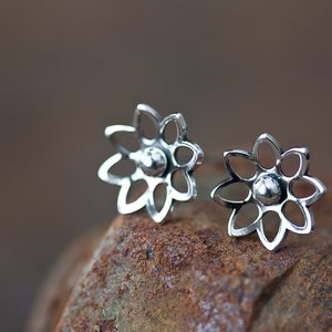 10mm Sterling Silver Lotus Earrings, small silver flower earrings, tiny domed water lily blossom studs, mini stud earrings for woman