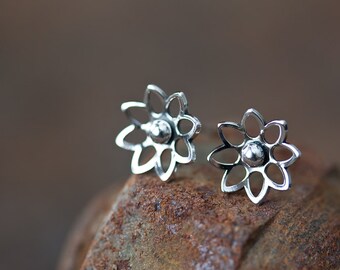 10mm Sterling Silver Lotus Earrings, small silver flower earrings, tiny domed water lily blossom studs, mini stud earrings for woman