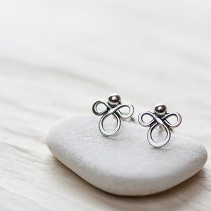 Small handmade sterling silver stud earrings, Little silver angel earrings, Tiny clover silver wire knot earrings , oxidized metal studs image 2