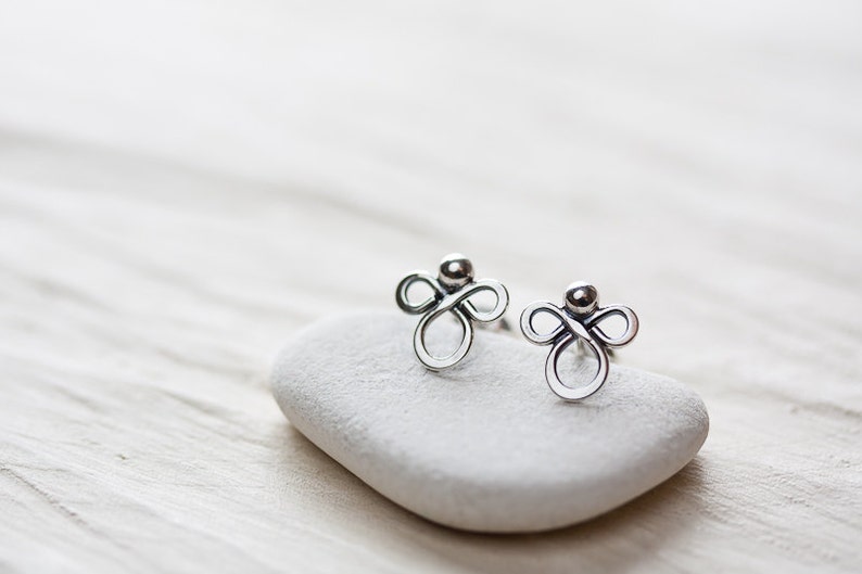 Small handmade sterling silver stud earrings, Little silver angel earrings, Tiny clover silver wire knot earrings , oxidized metal studs image 2