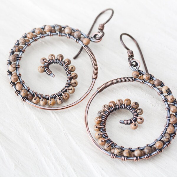 Picture Jasper Earrings, earthy earrings, Oxidized copper wire wrap spiral hoop, earthy brown stones, nautilus earrings, artisan earrings