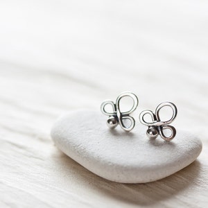 Small handmade sterling silver stud earrings, Little silver angel earrings, Tiny clover silver wire knot earrings , oxidized metal studs image 3