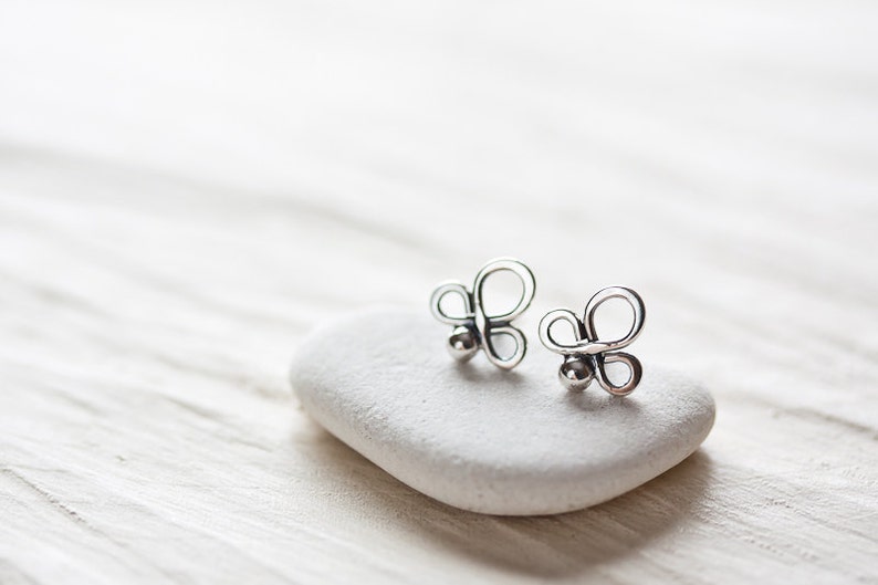 Small handmade sterling silver stud earrings, Little silver angel earrings, Tiny clover silver wire knot earrings , oxidized metal studs image 3