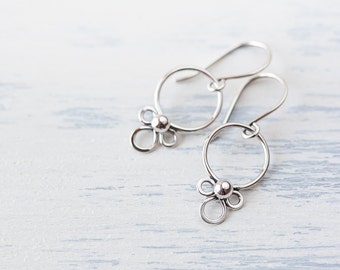 Tiny Dainty Silver Earrings, Small silver hoop earrings, sterling silver, Short unique dangle earrings, simple minimal everyday jewelry