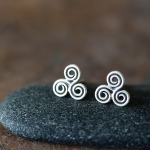 Small Celtic Triskele Earrings, 8mm Triple spiral, sterling silver Celtic earrings, ancient trinity symbol studs for man or woman image 3