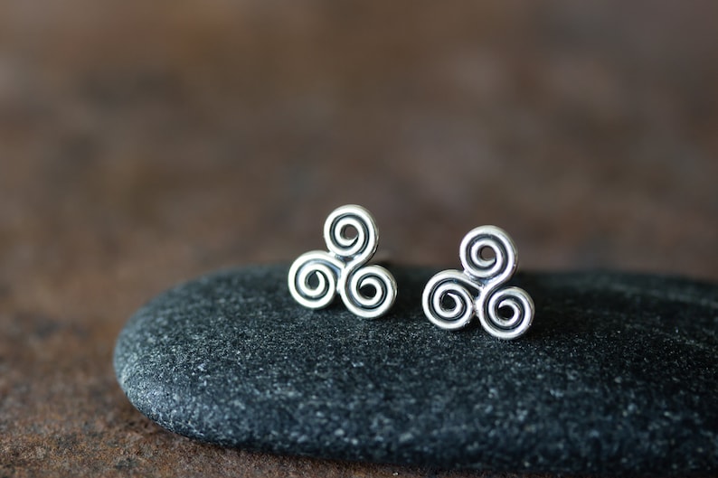 Small Celtic Triskele Earrings, 8mm Triple spiral, sterling silver Celtic earrings, ancient trinity symbol studs for man or woman image 3