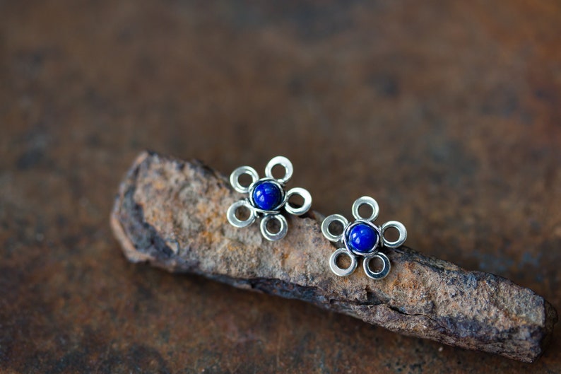 Natural Lapis Lazuli Stud Earrings, small silver flower earrings, tiny deep blue studs, mini stud earrings, artisan handcrafted jewelry image 6