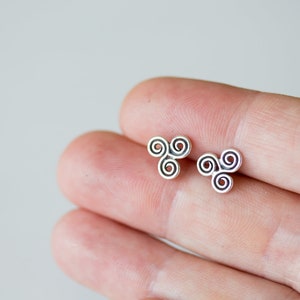 Small Celtic Triskele Earrings, 8mm Triple spiral, sterling silver Celtic earrings, ancient trinity symbol studs for man or woman image 6