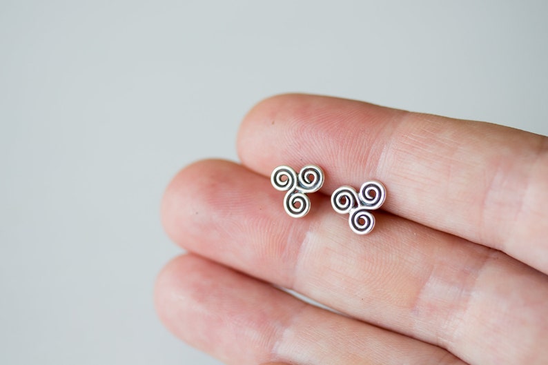 Small Celtic Triskele Earrings, 8mm Triple spiral, sterling silver Celtic earrings, ancient trinity symbol studs for man or woman image 6