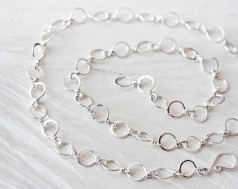 Handmade Hammered Silver Links Chain, wire wrapped sterling silver wire, artisan handcrafted sterling silver chain necklace