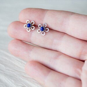 Natural Lapis Lazuli Stud Earrings, small silver flower earrings, tiny deep blue studs, mini stud earrings, artisan handcrafted jewelry image 5