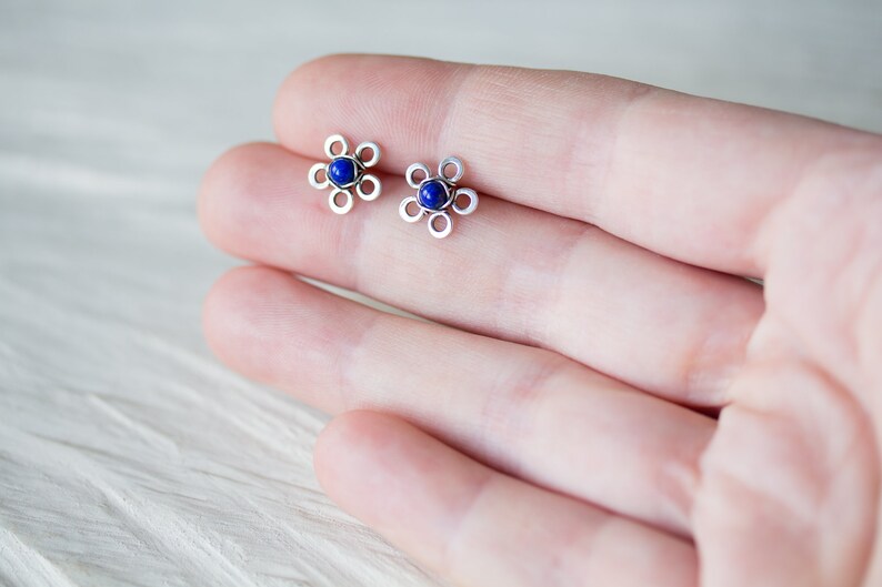 Natural Lapis Lazuli Stud Earrings, small silver flower earrings, tiny deep blue studs, mini stud earrings, artisan handcrafted jewelry image 5