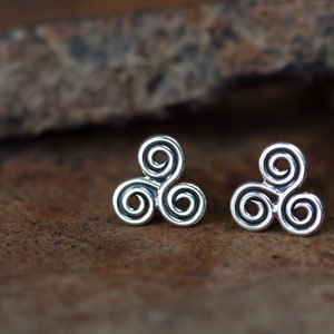 Small Celtic Triskele Earrings, 8mm Triple spiral, sterling silver Celtic earrings, ancient trinity symbol studs for man or woman image 9