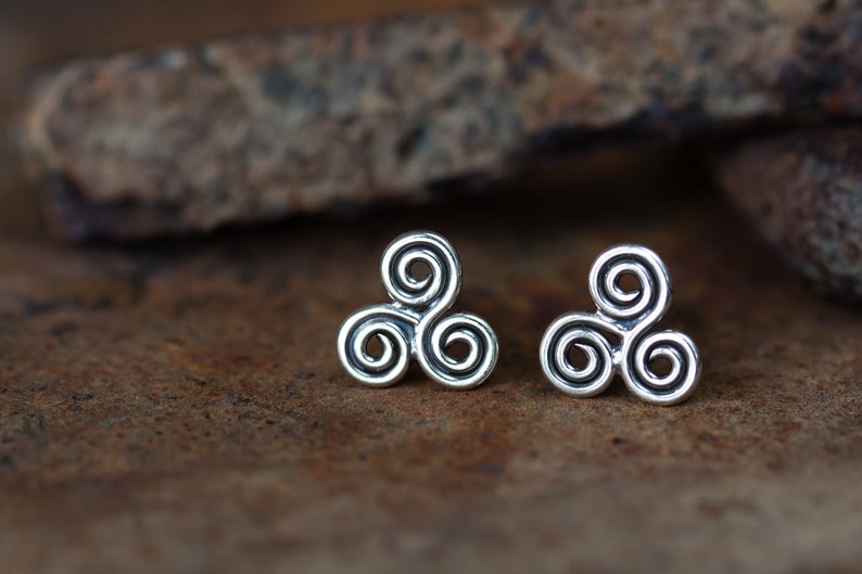 Small Celtic Triskele Earrings, 8mm Triple spiral, sterling silver Celtic earrings, ancient trinity symbol studs for man or woman image 9