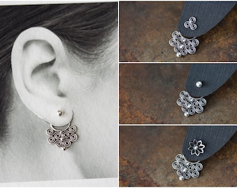 Bigger Artisan Handcrafted Silver Ear Jacket, boucle d'oreille avant et arrière argent sterling, mélange interchangeable unique et boucles d'oreilles de goujon d'allumette