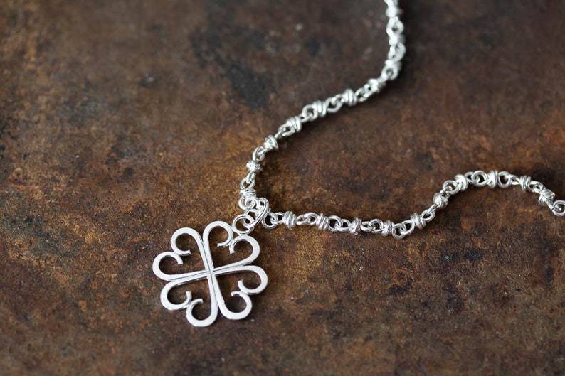 Dainty Four Leaf Clover Pendant, Small Handcrafted Lucky Shamrock, Sterling silver, Good Luck Charm, Artisan Handmade image 1