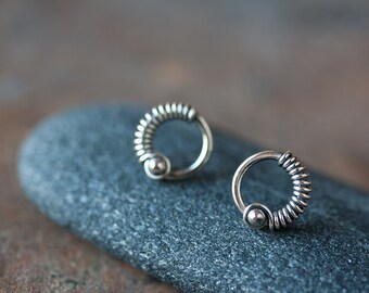 Small Silver Circle Earrings - unique small sterling silver stud earrings, wire wrapped circle, metal bead, oxidized and polished, unisex