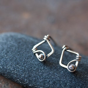 Small Unique Silver Earrings - Tiny sterling silver earrings, wire wrapped diamond shape with metal bead, oxidized and polished