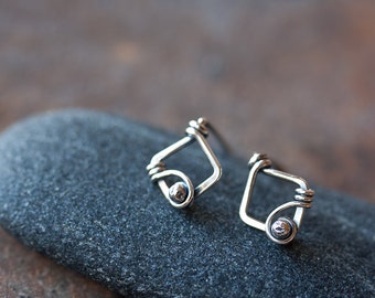 Small Unique Silver Earrings - Tiny sterling silver earrings, wire wrapped diamond shape with metal bead, oxidized and polished