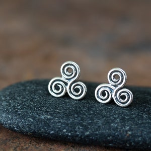 Small Celtic Triskele Earrings, 8mm Triple spiral, sterling silver Celtic earrings, ancient trinity symbol studs for man or woman image 8