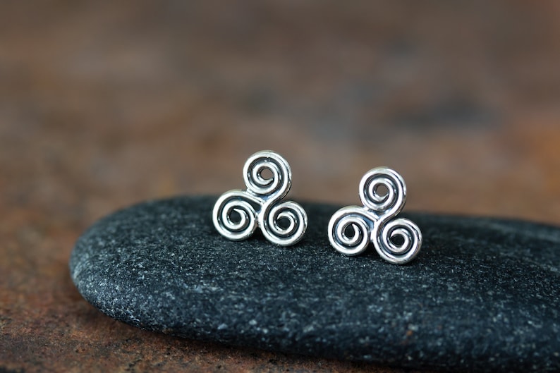 Small Celtic Triskele Earrings, 8mm Triple spiral, sterling silver Celtic earrings, ancient trinity symbol studs for man or woman image 8