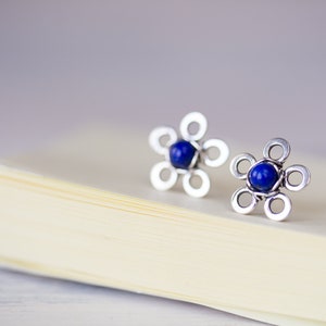 Natural Lapis Lazuli Stud Earrings, small silver flower earrings, tiny deep blue studs, mini stud earrings, artisan handcrafted jewelry image 9