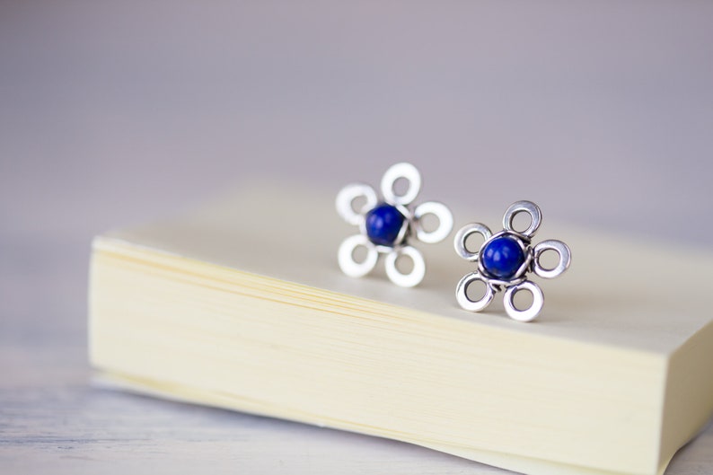 Natural Lapis Lazuli Stud Earrings, small silver flower earrings, tiny deep blue studs, mini stud earrings, artisan handcrafted jewelry image 9