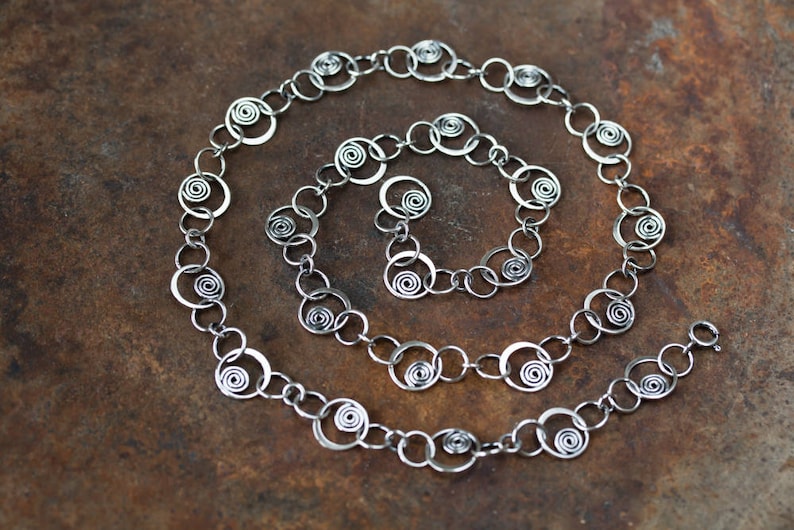 Unique Silver Links Chain Necklace, solid sterling silver necklace chain, Hammered spirals in circles, Artisan metalsmith jewelry, Statement image 1