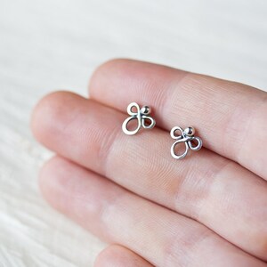 Small handmade sterling silver stud earrings, Little silver angel earrings, Tiny clover silver wire knot earrings , oxidized metal studs image 4