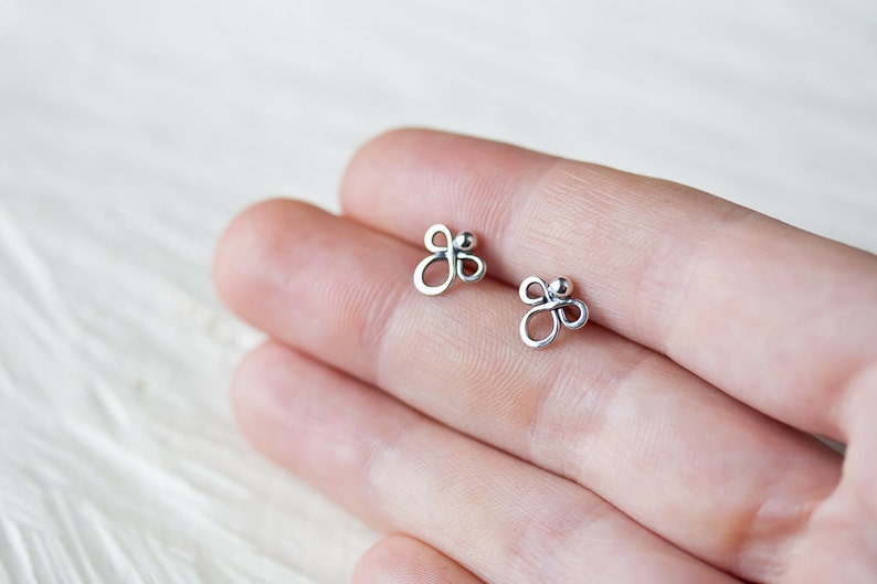 Small handmade sterling silver stud earrings, Little silver angel earrings, Tiny clover silver wire knot earrings , oxidized metal studs image 4