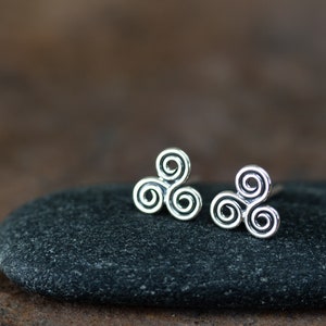 Small Celtic Triskele Earrings, 8mm Triple spiral, sterling silver Celtic earrings, ancient trinity symbol studs for man or woman image 5