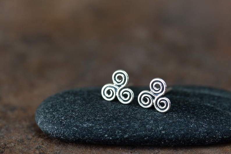 Small Celtic Triskele Earrings, 8mm Triple spiral, sterling silver Celtic earrings, ancient trinity symbol studs for man or woman image 5