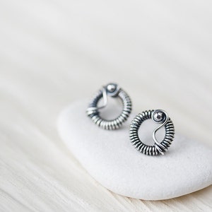 Unique stud earrings for man or woman, Tiny Wire Wrapped Silver Circle Earrings, Oxidized sterling silver studs, unisex silver earrings image 2