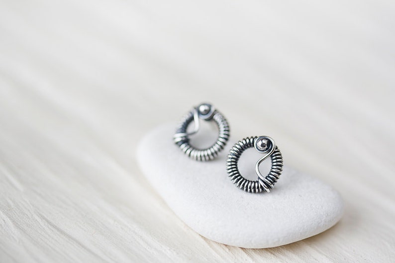 Unique stud earrings for man or woman, Tiny Wire Wrapped Silver Circle Earrings, Oxidized sterling silver studs, unisex silver earrings image 2