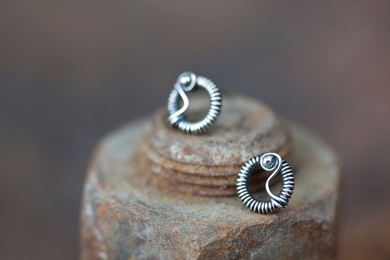 Unique stud earrings for man or woman, Tiny Wire Wrapped Silver Circle Earrings, Oxidized sterling silver studs, unisex silver earrings image 4