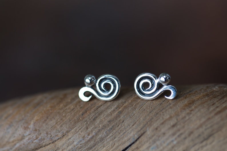 Dainty Spiral Paisley Stud Earrings, Miniature Swirl Ornament, elegant feminine sterling silver stud earrings for everyday image 1