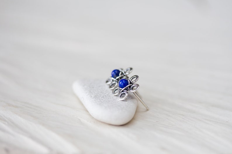 Natural Lapis Lazuli Stud Earrings, small silver flower earrings, tiny deep blue studs, mini stud earrings, artisan handcrafted jewelry image 8