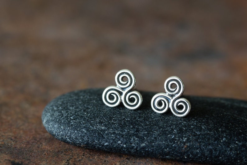 Small Celtic Triskele Earrings, 8mm Triple spiral, sterling silver Celtic earrings, ancient trinity symbol studs for man or woman image 1