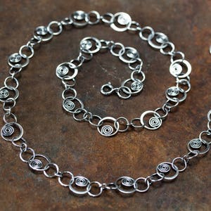 Unique Silver Links Chain Necklace, solid sterling silver necklace chain, Hammered spirals in circles, Artisan metalsmith jewelry, Statement image 4
