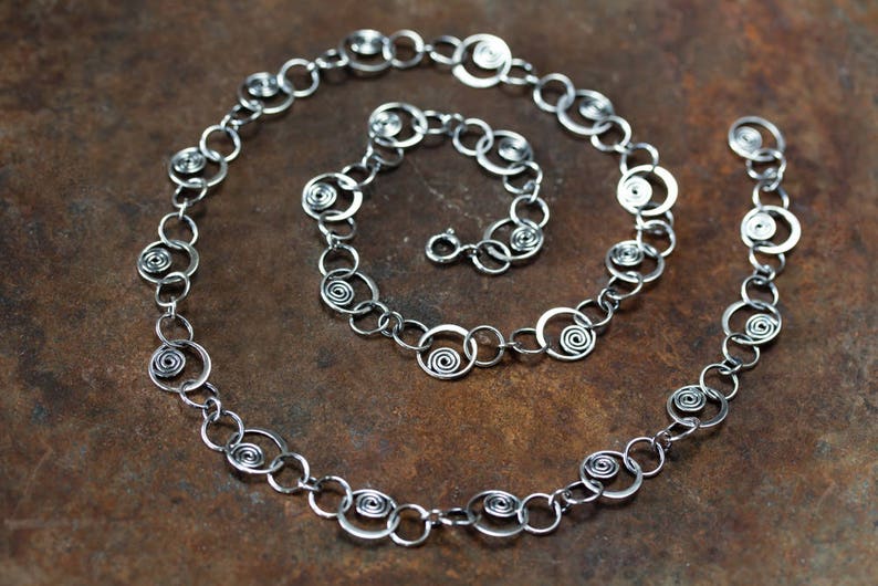 Unique Silver Links Chain Necklace, solid sterling silver necklace chain, Hammered spirals in circles, Artisan metalsmith jewelry, Statement image 4