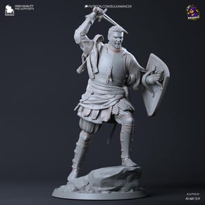 May include: A grey figurine of a medieval knight in full armour, wielding a sword and shield. The knight is sculpted in a dynamic pose, as if in the midst of battle. The figurine is standing on a rock. The image includes the text "HIGH-QUALITY PRE-SUPPORTS" and "PATREON.COM/BULKAMANCER".