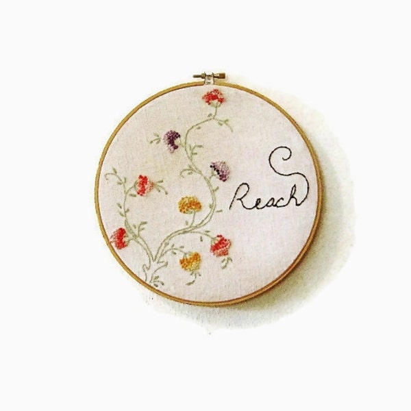 Embroidered hoop art  vintage floral vine reach