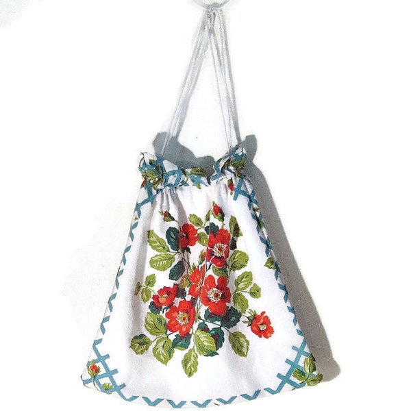 Drawstring bag red roses white teal edge vintage